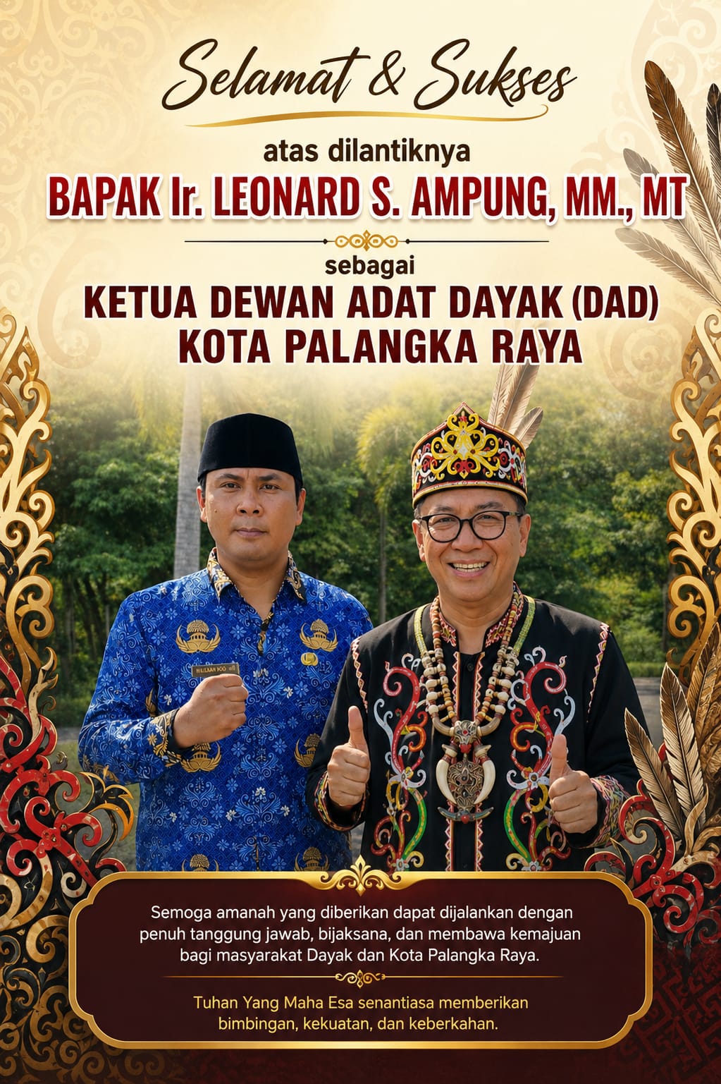Leonard S. Ampung Dilantik Jadi Ketua DAD Kota Palangka Raya, Gubernur Tekankan Peran Strategis Adat