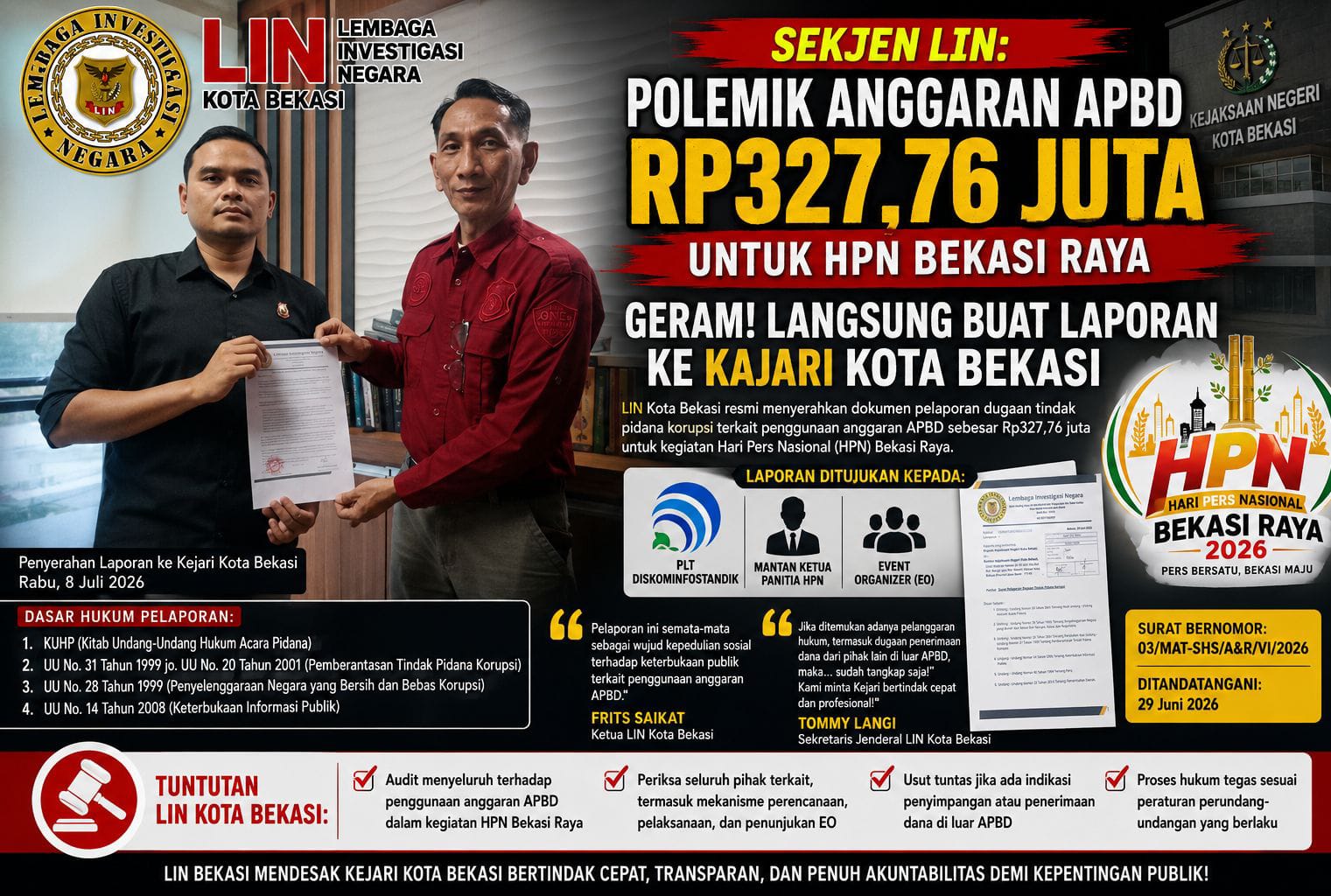 Sekjen LIN: Polemik Anggaran APBD Rp327,76 juta Untuk HPN Geram. Langsung Buat Laporan Ke Kajari kota Bekasi