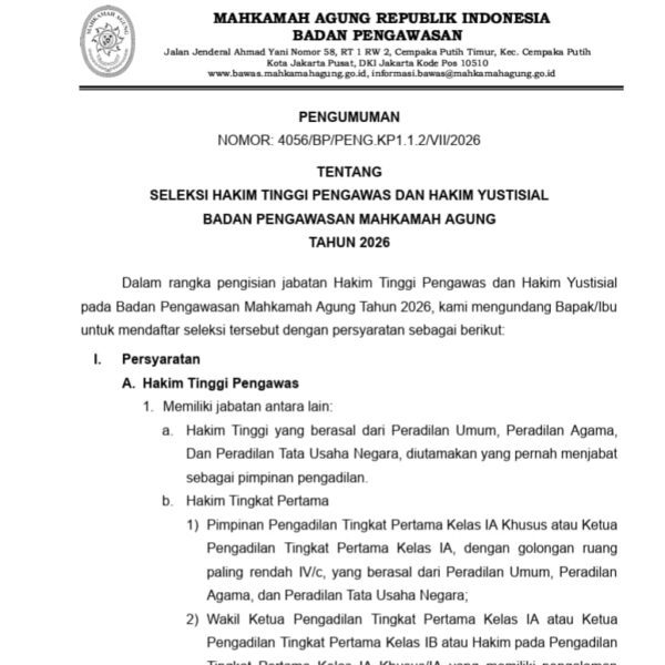 Bawas MA Buka Seleksi Hakim Tinggi & Hakim…