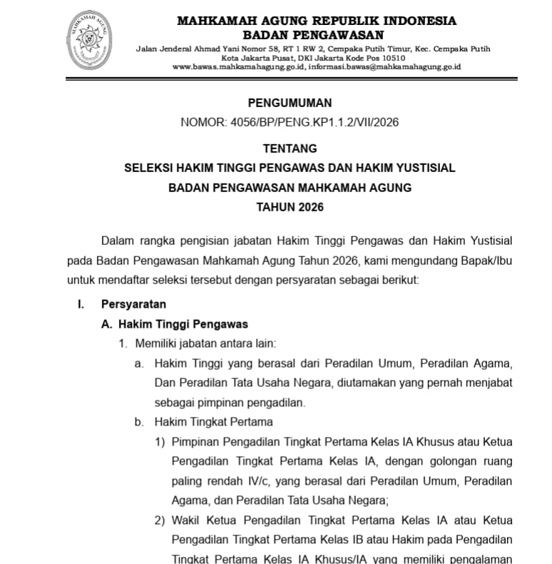 Bawas MA Buka Seleksi Hakim Tinggi & Hakim Yustisial, Pendaftaran Dimulai 3 Agustus